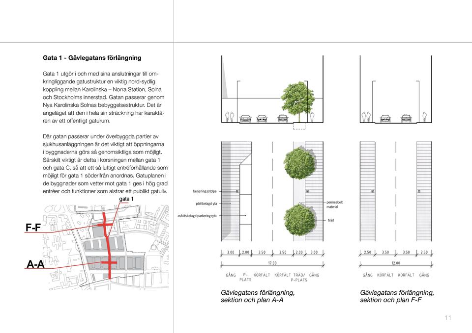 Där gatan passerar under överbyggda partier av sjukhusanläggningen är det viktigt att öppningarna i byggnaderna görs så genomsiktliga som möjligt.