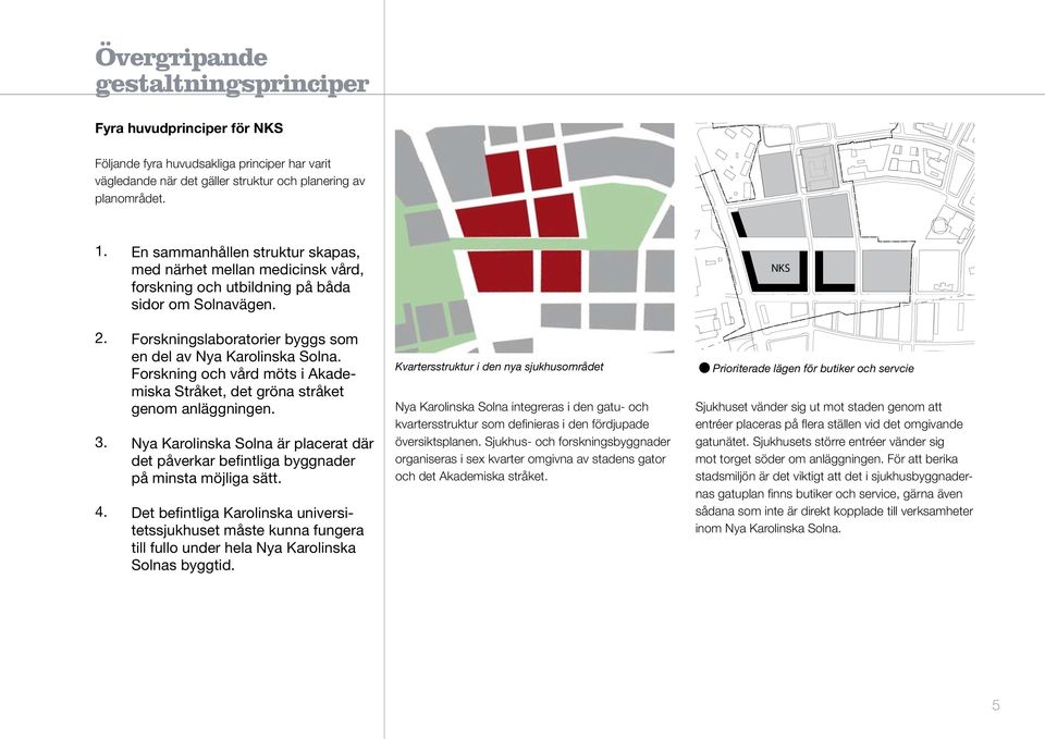 Forskning och vård möts i Akademiska Stråket, det gröna stråket genom anläggningen. Nya Karolinska Solna är placerat där det påverkar befintliga byggnader på minsta möjliga sätt.