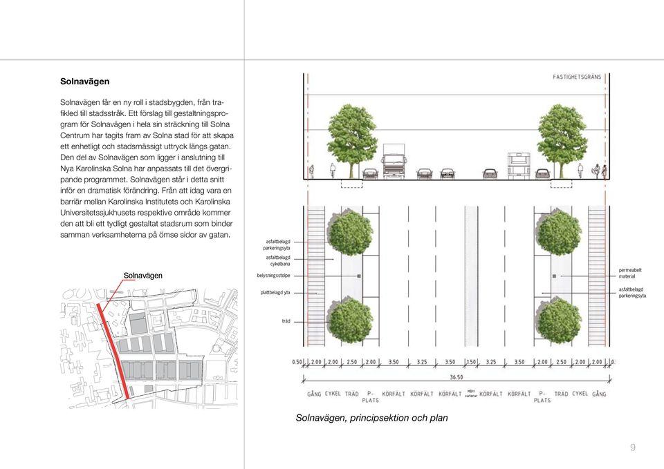 Den del av Solnavägen som ligger i anslutning till Nya Karolinska Solna har anpassats till det övergripande programmet. Solnavägen står i detta snitt inför en dramatisk förändring.