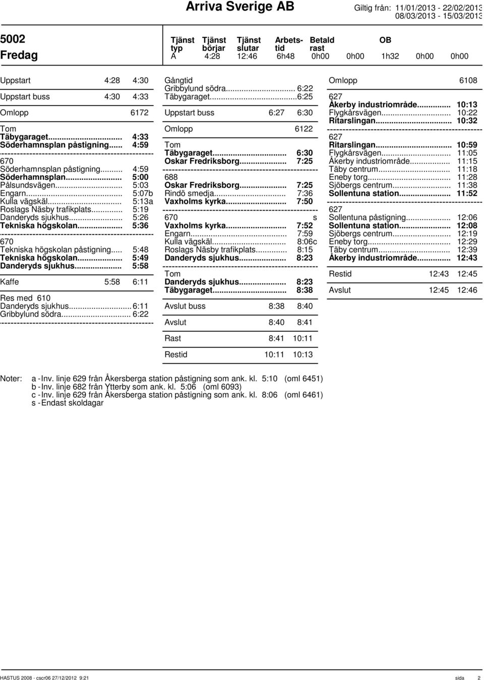 .. 5:48 Tekniska högskolan... 5:49 5:58 Kaffe 5:58 6:11 Res med 610... 6:11 Gribbylund södra... 6:22 Gång Gribbylund södra... 6:22 Täbygaraget...6:25 Uppstart buss 6:27 6:30 Omlopp 6122 Täbygaraget.