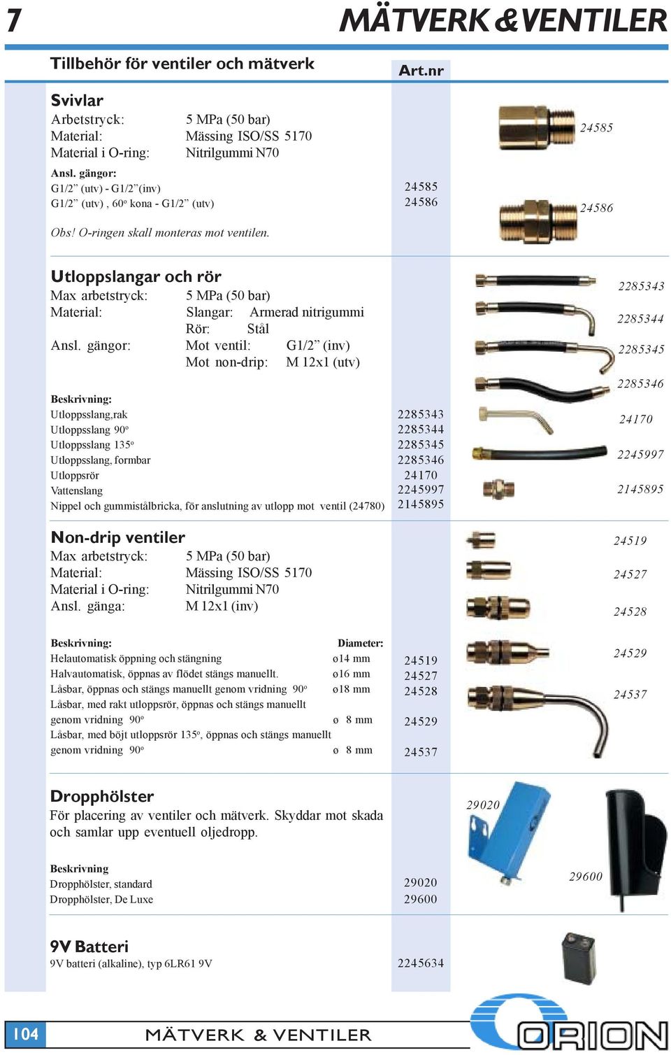 24585 24586 24585 24586 Utloppslangar och rör Max arbetstryck: 5 MPa (50 bar) Material: Slangar: Armerad nitrigummi Rör: Stål Ansl.