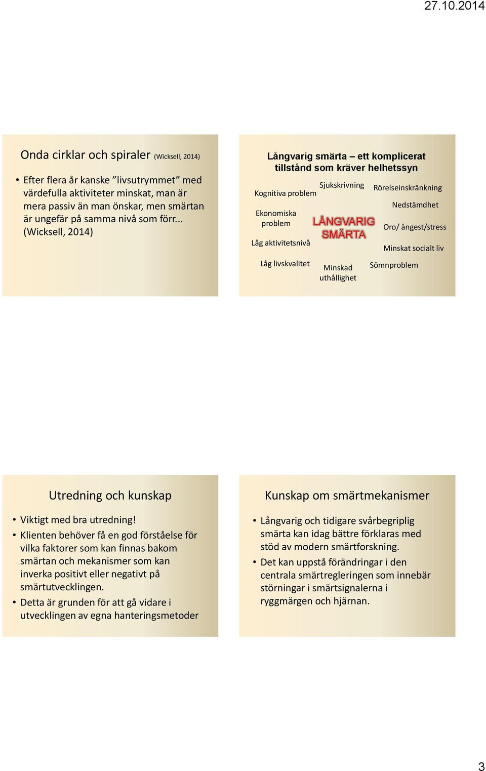 uthållighet Rörelseinskränkning Nedstämdhet Oro/ ångest/stress Minskat socialt liv Sömnproblem Utredning och kunskap Viktigt med bra utredning!