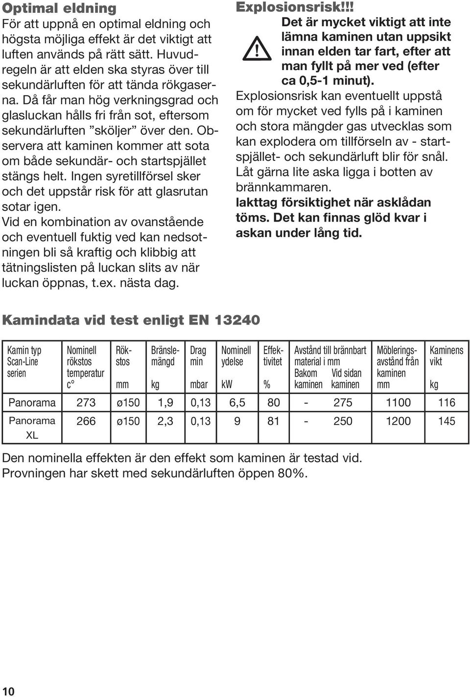 Observera att kaminen kommer att sota om både sekundär- och startspjället stängs helt. Ingen syretillförsel sker och det uppstår risk för att glasrutan sotar igen.