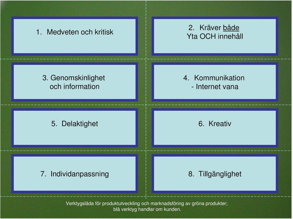 Delaktighet 6. Kreativ 7. Individanpassning 8.