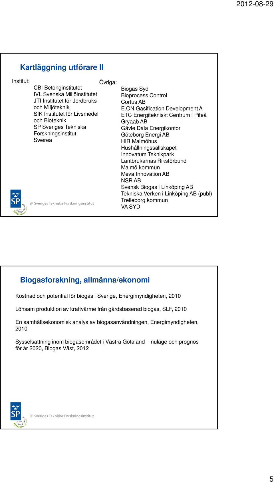 ON Gasification Development A ETC Energitekniskt Centrum i Piteå Gryaab AB Gävle Dala Energikontor Göteborg Energi AB HIR Malmöhus Hushållningssällskapet Innovatum Teknikpark Lantbrukarnas