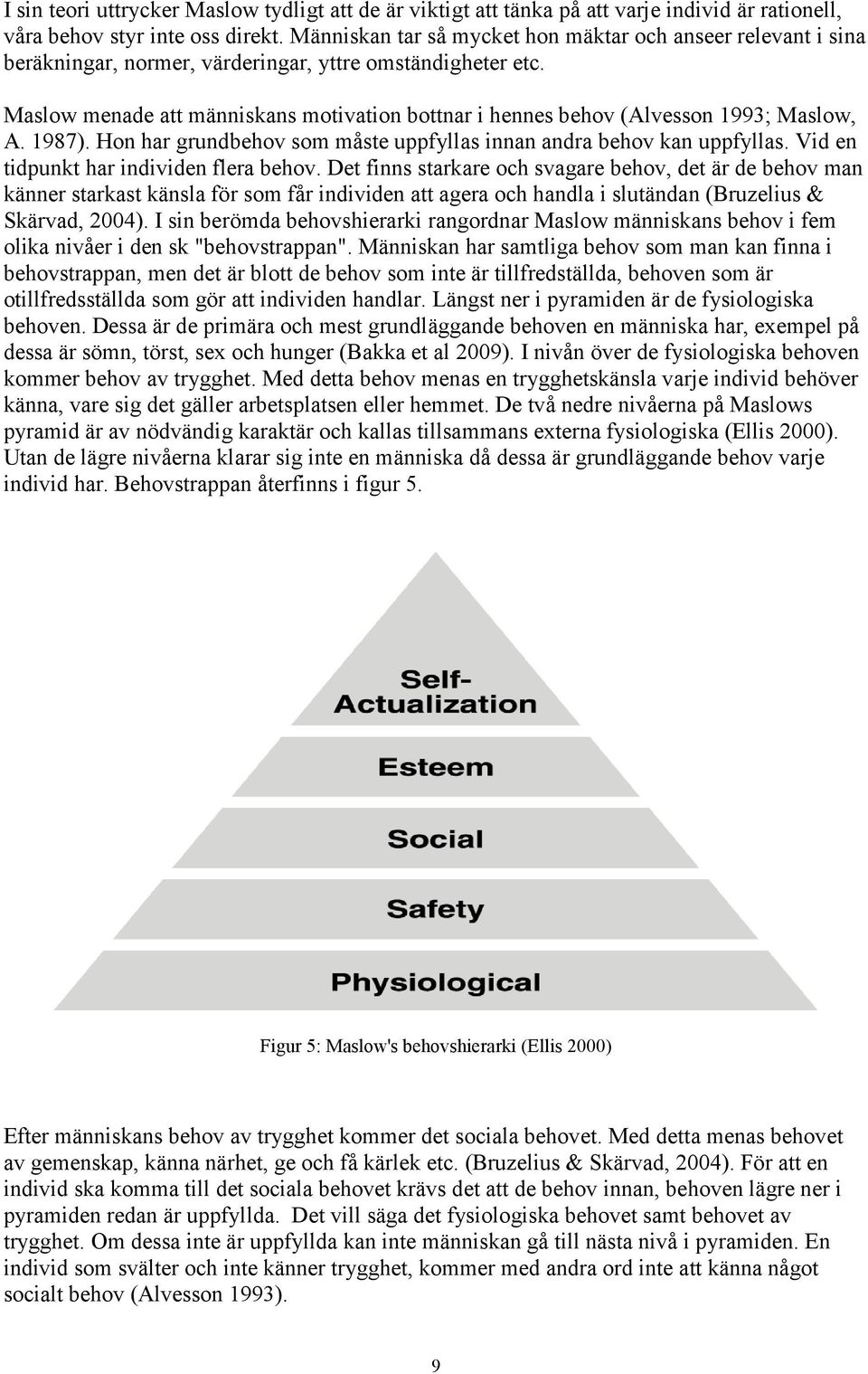 Maslow menade att människans motivation bottnar i hennes behov (Alvesson 1993; Maslow, A. 1987). Hon har grundbehov som måste uppfyllas innan andra behov kan uppfyllas.