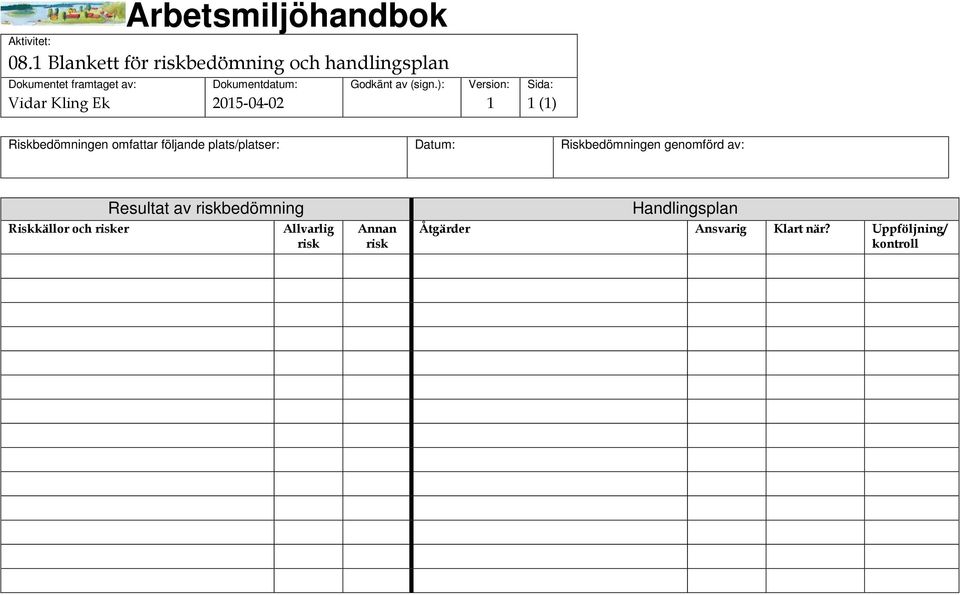 genomförd av: Riskkällor och risker Resultat av riskbedömning Allvarlig