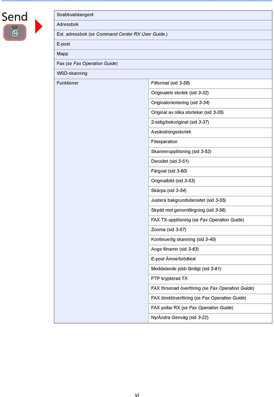 -sidig/bokoriginal (sid 3-37) Avsändningsstorlek Filseparation Skannerupplösning (sid 3-5) Densitet (sid 3-5) Färgval (sid 3-60) Originalbild (sid 3-53) Skärpa (sid 3-54) Justera bakgrundsdensitet