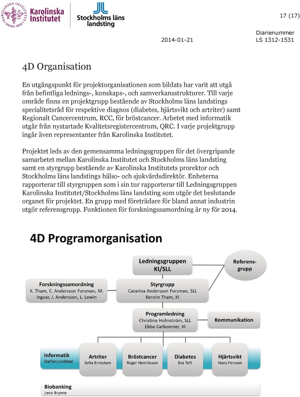 bröstcancer. Arbetet med informatik utgår från nystartade Kvalitetsregistercentrum, QRC. I varje projektgrupp ingår även representanter från Karolinska Institutet.