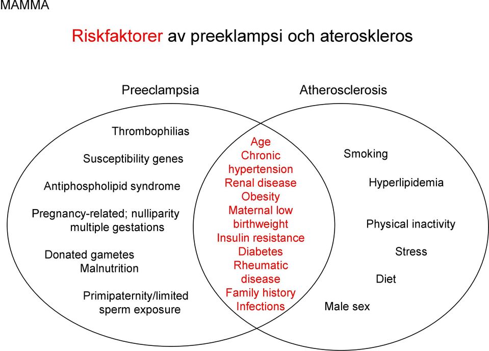 Primipaternity/limited sperm exposure Age Chronic hypertension Renal disease Obesity Maternal low birthweight