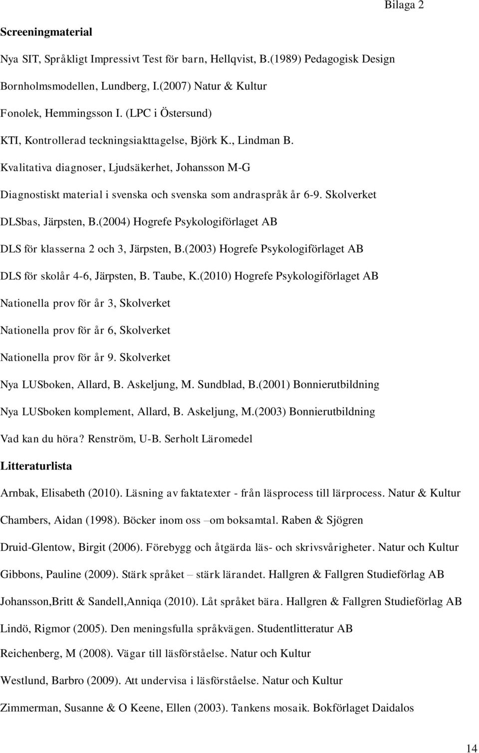 Skolverket DLSbas, Järpsten, B.(2004) Hogrefe Psykologiförlaget AB DLS för klasserna 2 och 3, Järpsten, B.(2003) Hogrefe Psykologiförlaget AB DLS för skolår 4-6, Järpsten, B. Taube, K.