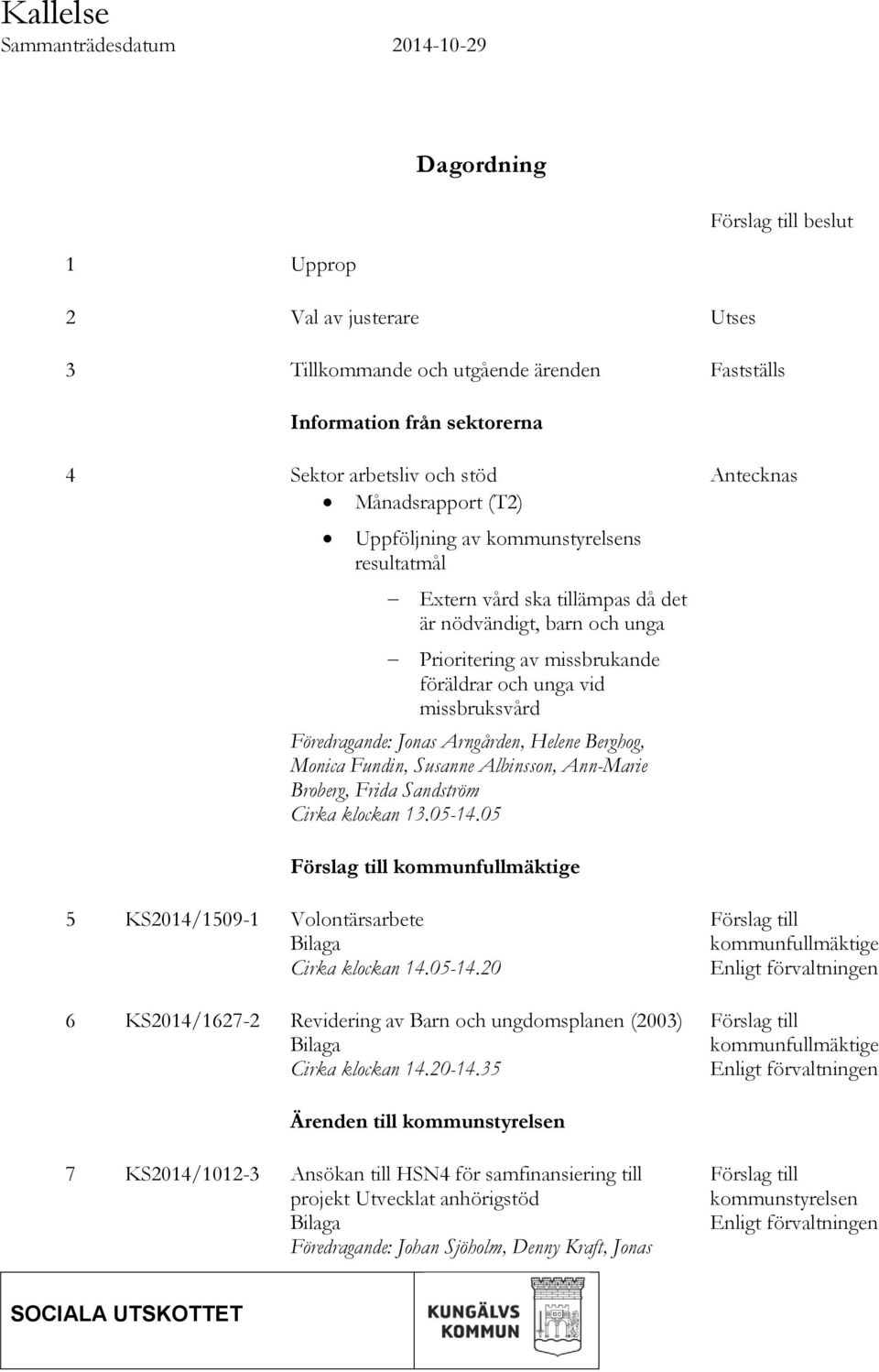 Föredragande: Jonas Arngården, Helene Berghog, Monica Fundin, Susanne Albinsson, Ann-Marie Broberg, Frida Sandström Cirka klockan 13.05-14.
