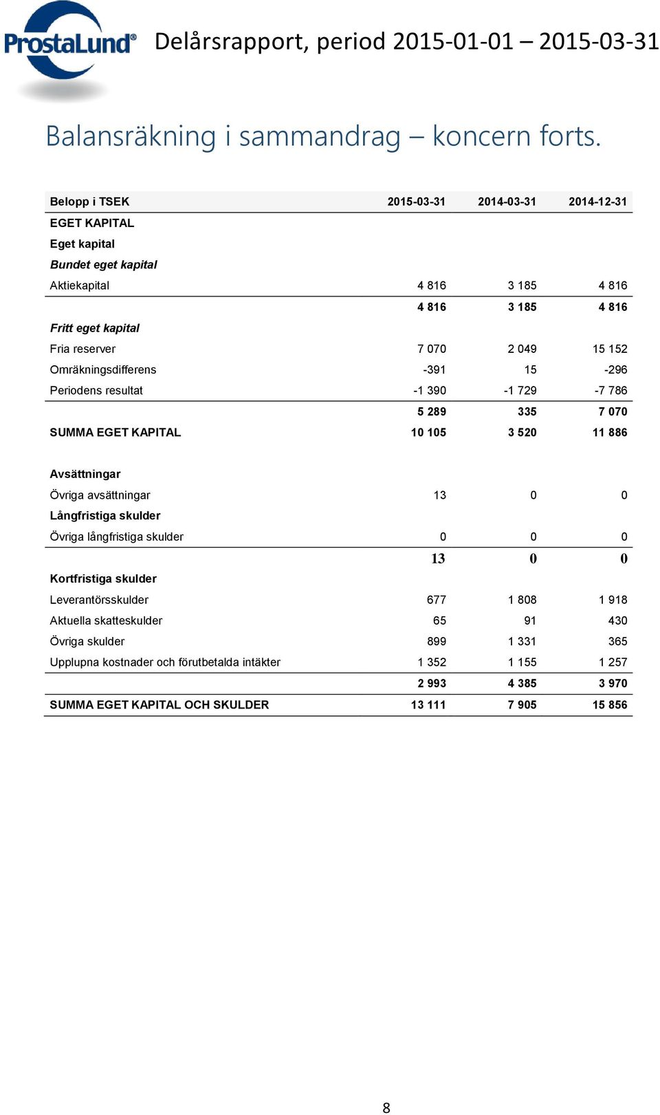 070 2 049 15 152 Omräkningsdifferens -391 15-296 Periodens resultat -1 390-1 729-7 786 5 289 335 7 070 SUMMA EGET KAPITAL 10 105 3 520 11 886 Avsättningar Övriga avsättningar 13