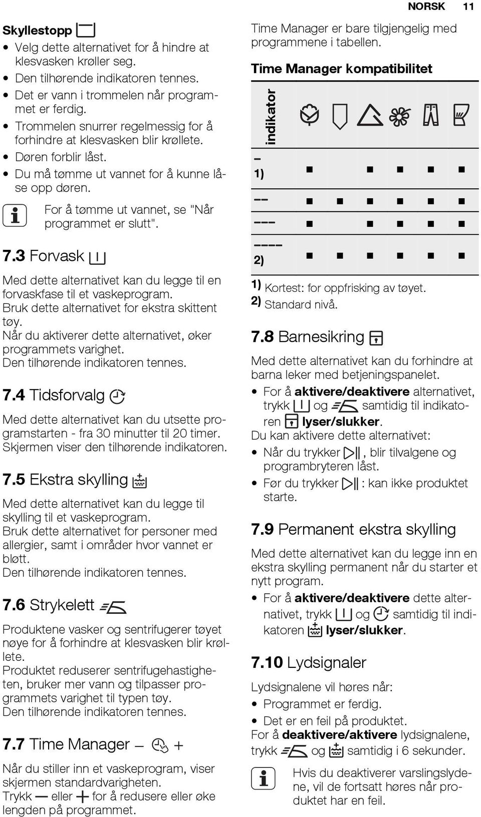 Du må tømme ut vannet for å kunne låse opp døren. 1) For å tømme ut vannet, se "Når programmet er slutt". 7.3 Forvask 2) Med dette alternativet kan du legge til en forvaskfase til et vaskeprogram.