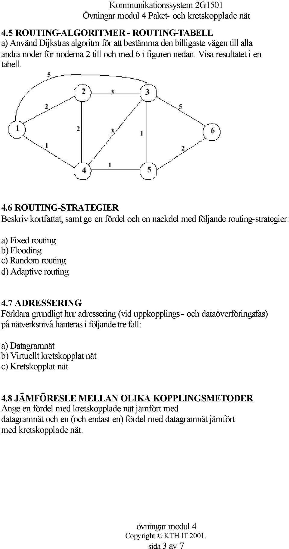 6 ROUTING-STRATEGIER Beskriv kortfattat, samt ge en fördel och en nackdel med följande routing-strategier: a) Fixed routing b) Flooding c) Random routing d) Adaptive routing 4.