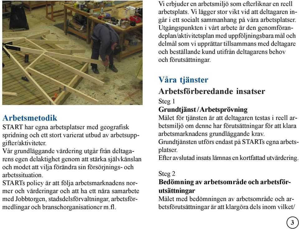 förutsättningar. Arbetsmetodik START har egna arbetsplatser med geografisk spridning och ett stort varierat utbud av arbetsuppgifter/aktiviteter.