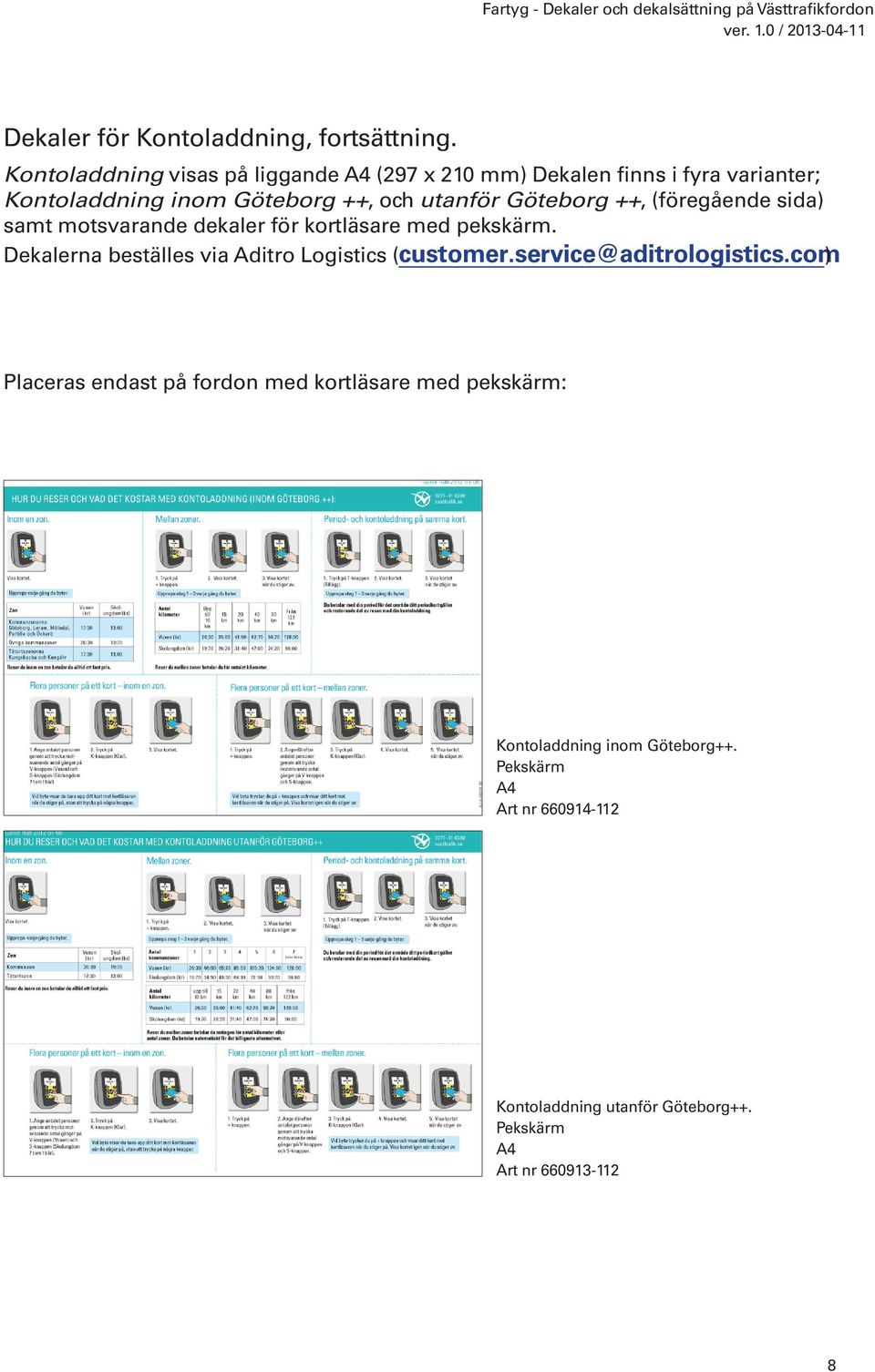 (föregående sida) samt motsvarande dekaler för kortläsare med pekskärm. Dekalerna beställes via Aditro Logistics (customer.