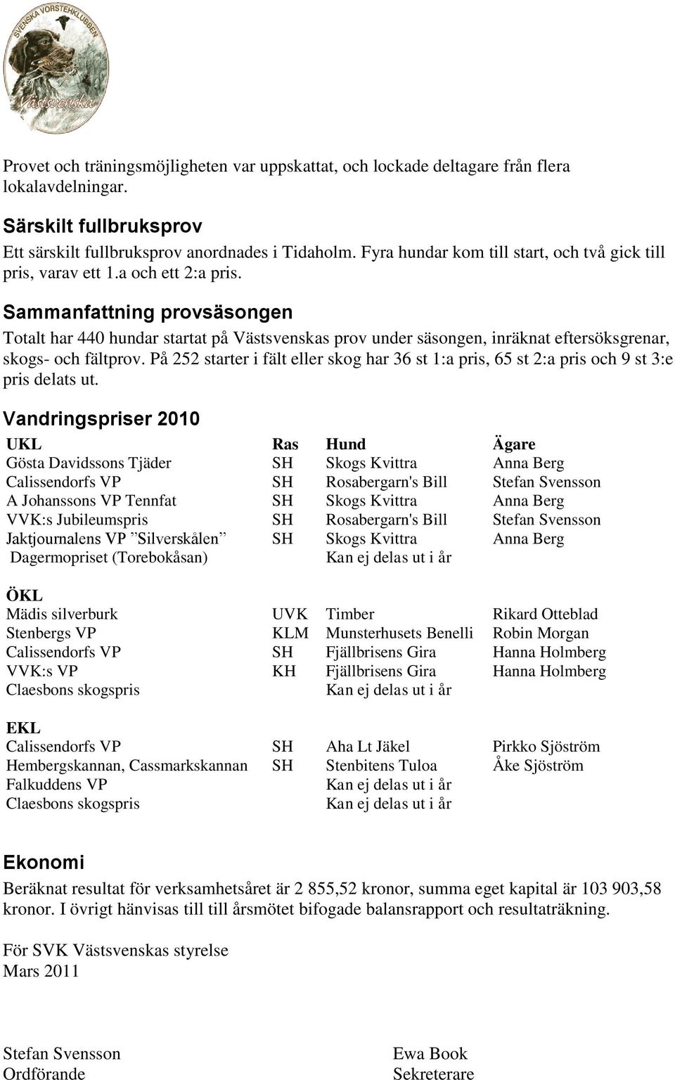 Sammanfattning provsäsongen Totalt har 440 hundar startat på Västsvenskas prov under säsongen, inräknat eftersöksgrenar, skogs- och fältprov.