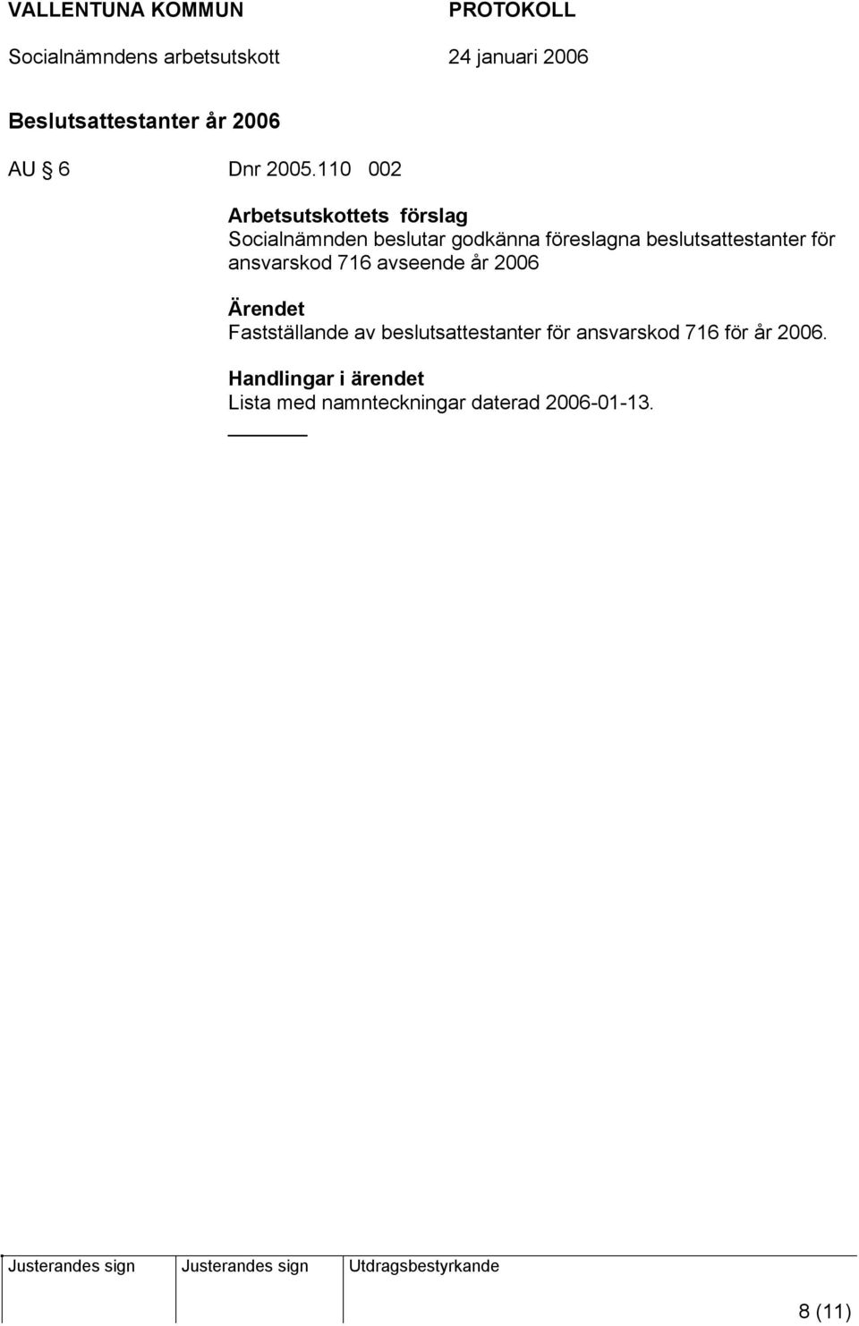 för ansvarskod 716 avseende år 2006 Fastställande av beslutsattestanter