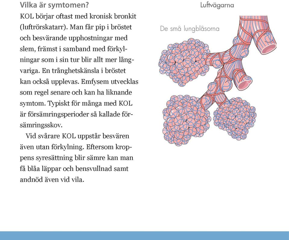 En trånghetskänsla i bröstet kan också upplevas. Emfysem utvecklas som regel senare och kan ha liknande symtom.