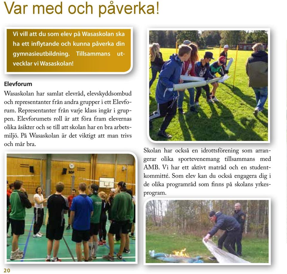 Elevforumets roll är att föra fram elevernas olika åsikter och se till att skolan har en bra arbetsmiljö. På Wasaskolan är det viktigt att man trivs och mår bra.