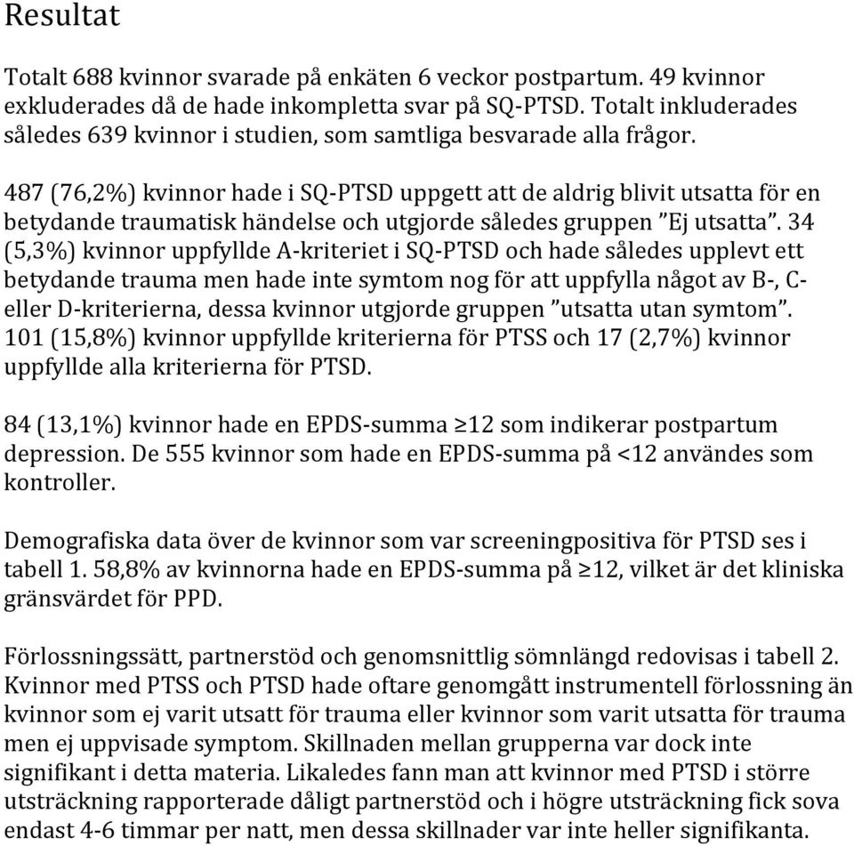 487 (76,2%) kvinnor hade i SQ- PTSD uppgett att de aldrig blivit utsatta för en betydande traumatisk händelse och utgjorde således gruppen Ej utsatta.