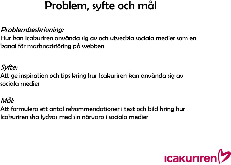 tips kring hur Icakuriren kan använda sig av sociala medier Mål: Att formulera ett antal