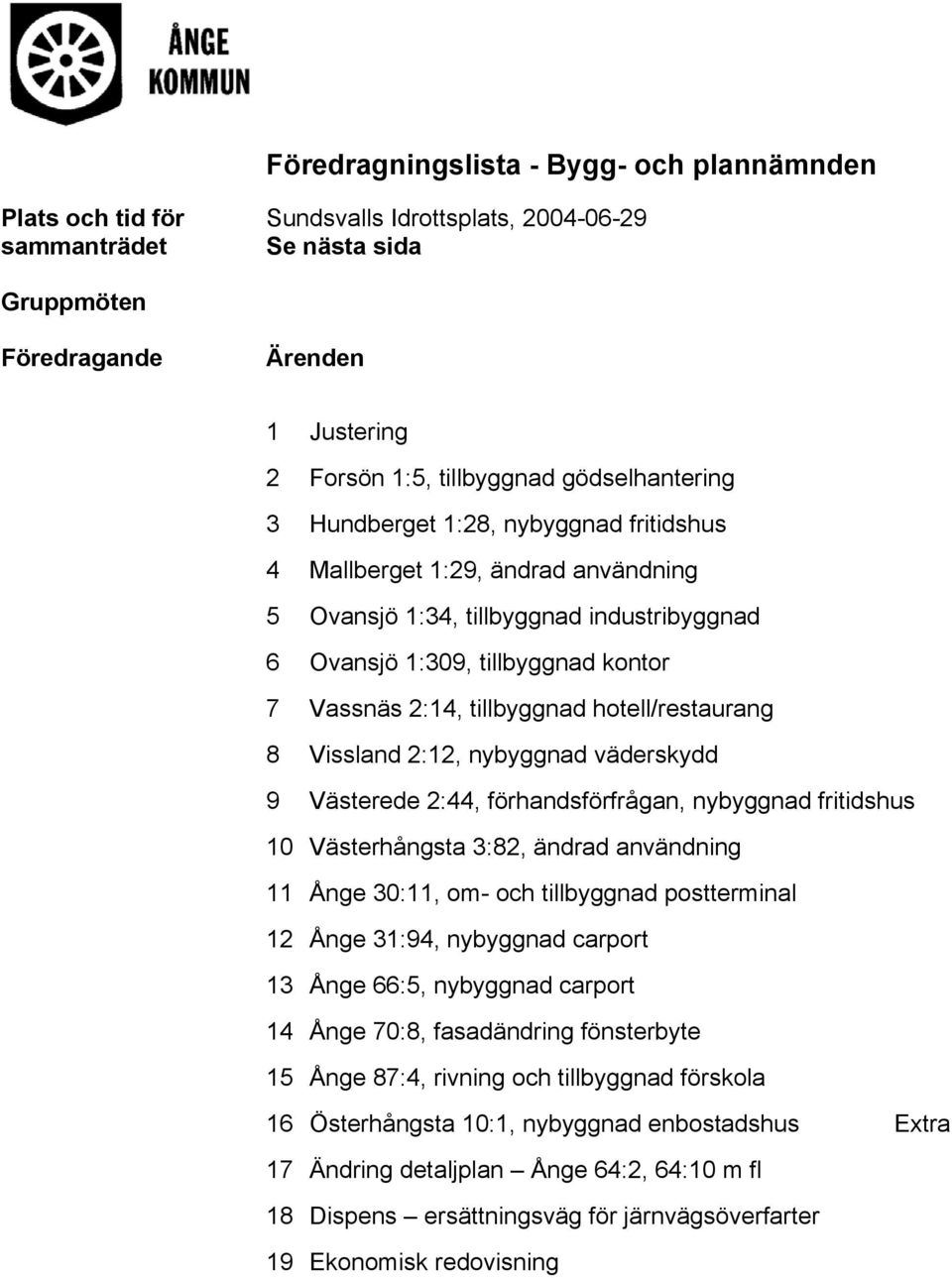 tillbyggnad hotell/restaurang 8 Vissland 2:12, nybyggnad väderskydd 9 Västerede 2:44, förhandsförfrågan, nybyggnad fritidshus 10 Västerhångsta 3:82, ändrad användning 11 Ånge 30:11, om- och