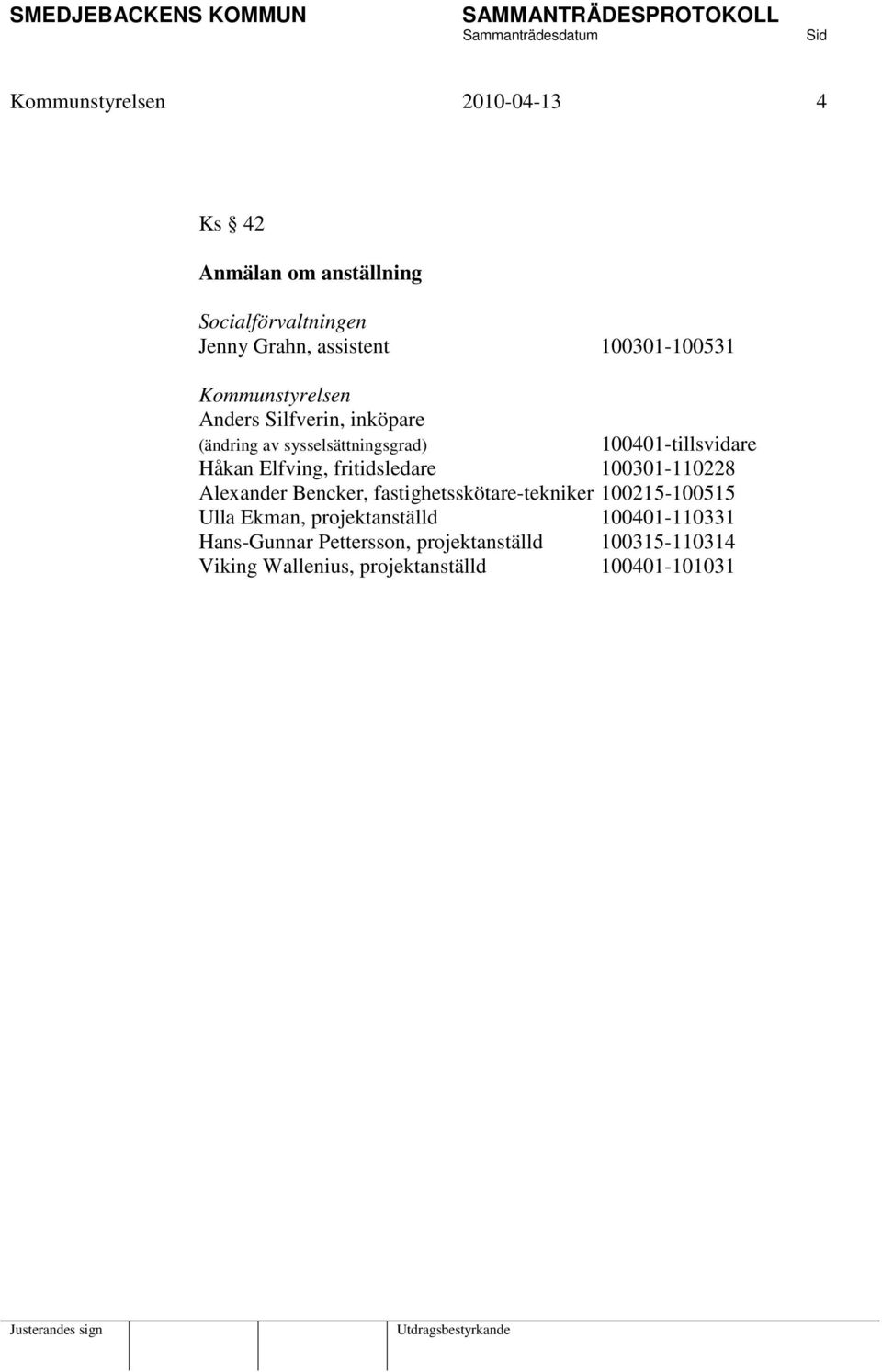 Håkan Elfving, fritidsledare 100301-110228 Alexander Bencker, fastighetsskötare-tekniker 100215-100515 Ulla