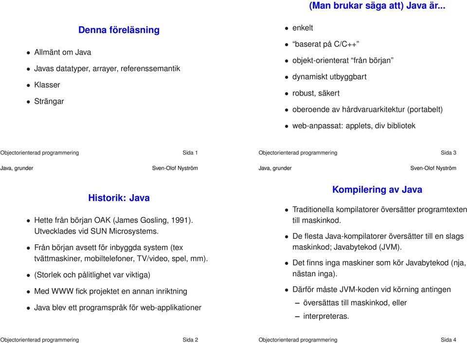 hårdvaruarkitektur (portabelt) web-anpassat: applets, div bibliotek Objectorienterad programmering Sida 1 Objectorienterad programmering Sida 3 Historik: Java Hette från början OAK (James Gosling,