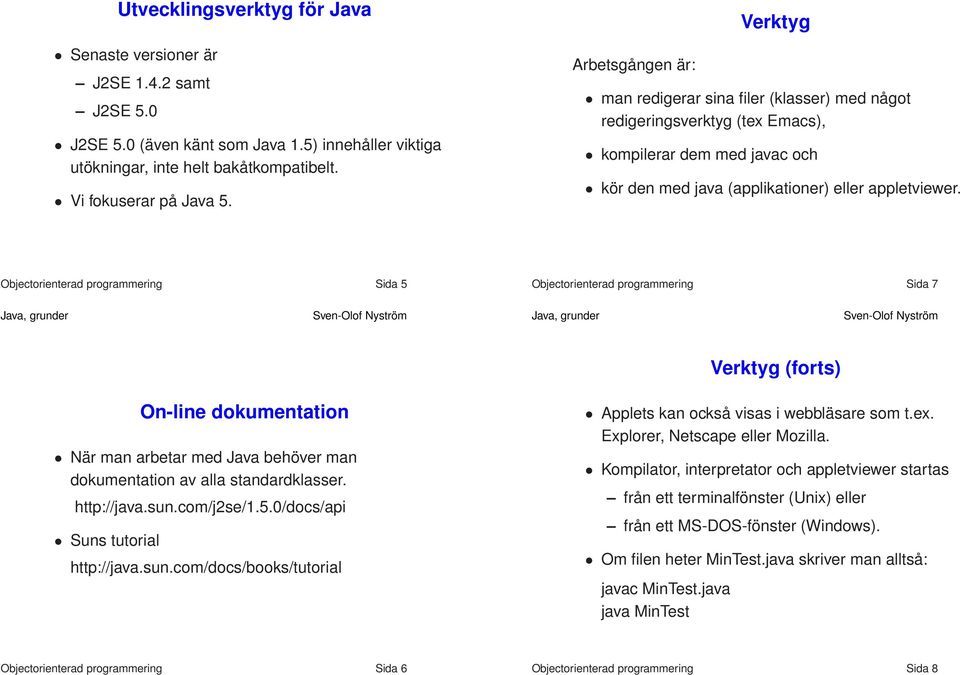 Objectorienterad programmering Sida 5 Objectorienterad programmering Sida 7 Verktyg (forts) On-line dokumentation När man arbetar med Java behöver man dokumentation av alla standardklasser.