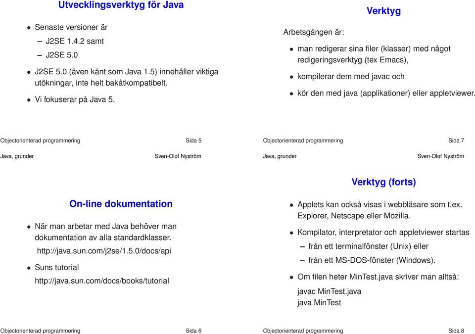 Objectorienterad programmering Sida 5 Objectorienterad programmering Sida 7 Verktyg (forts) On-line dokumentation När man arbetar med Java behöver man dokumentation av alla standardklasser.