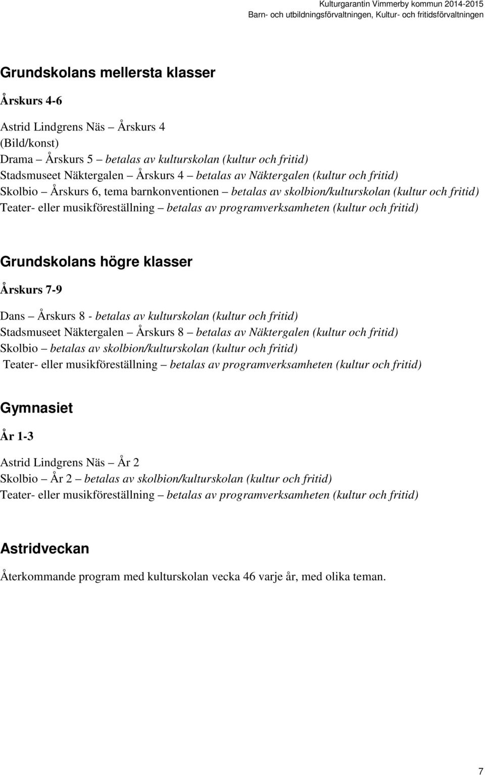 betalas av kulturskolan (kultur och fritid) Stadsmuseet Näktergalen Årskurs 8 betalas av Näktergalen (kultur och fritid) Skolbio betalas av skolbion/kulturskolan (kultur och fritid)