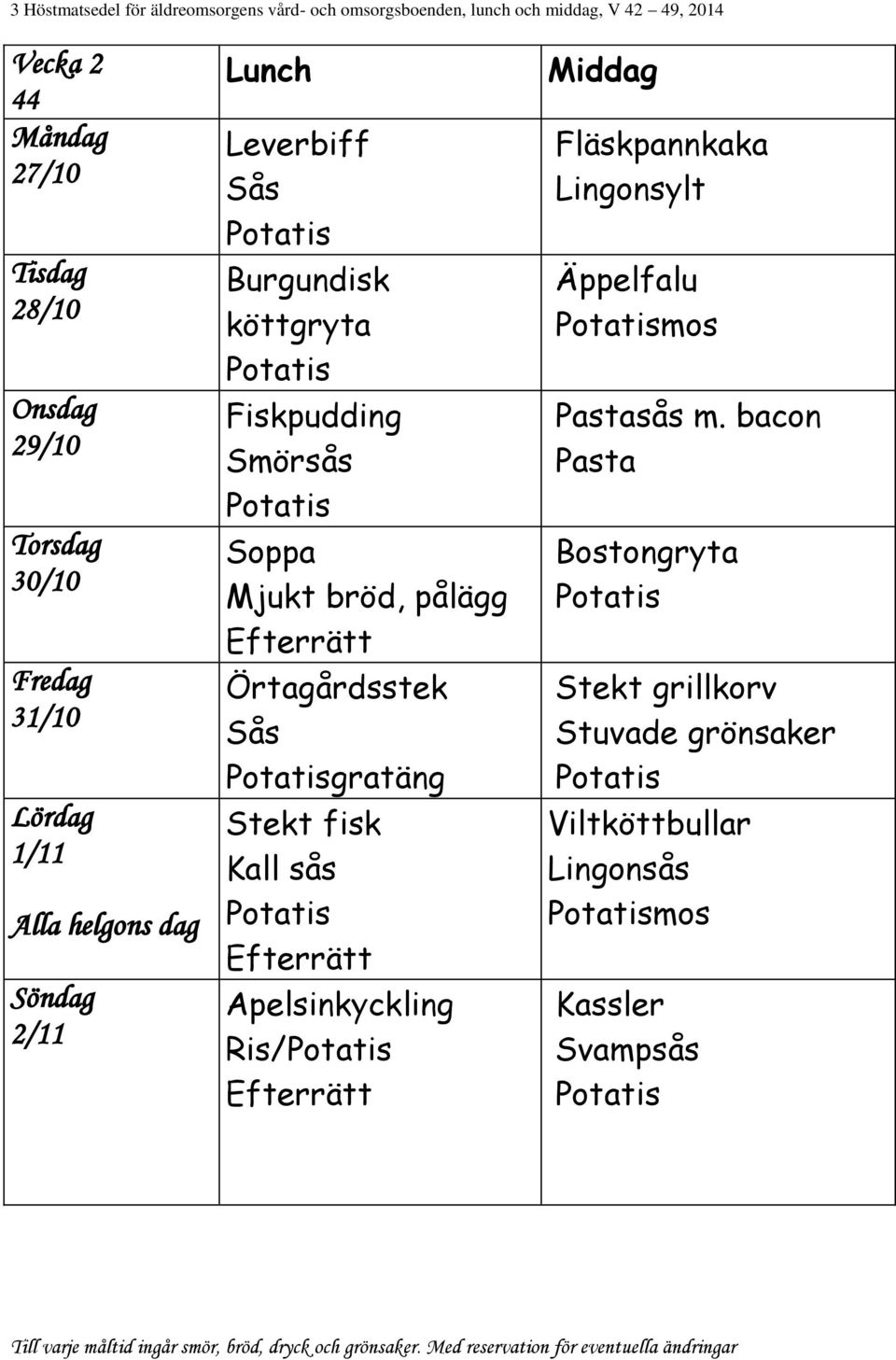 Apelsinkyckling Ris/ Fläskpannkaka Lingonsylt Äppelfalu mos Pastasås m.