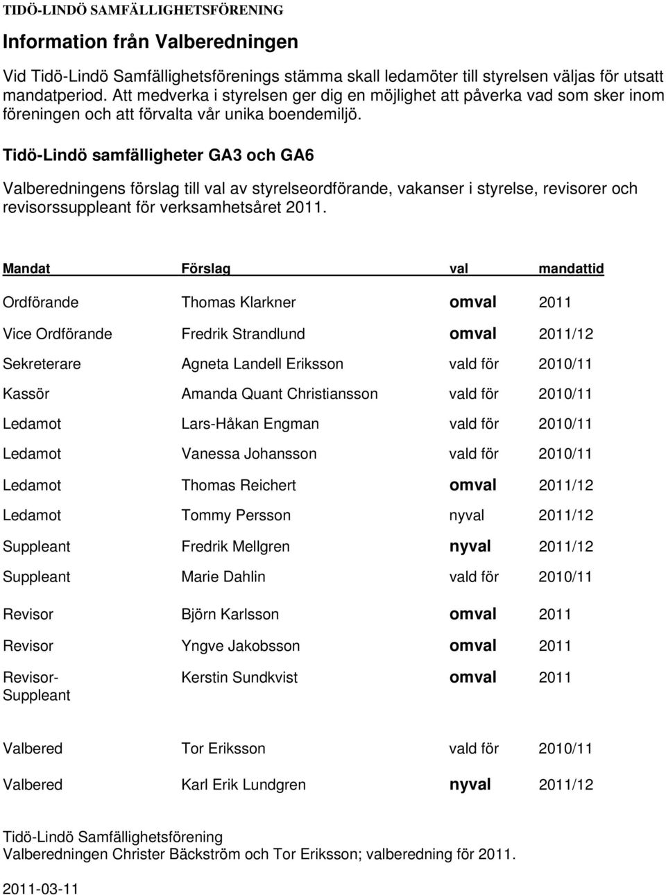 Tidö-Lindö samfälligheter GA3 och GA6 Valberedningens förslag till val av styrelseordförande, vakanser i styrelse, revisorer och revisorssuppleant för verksamhetsåret 2011.
