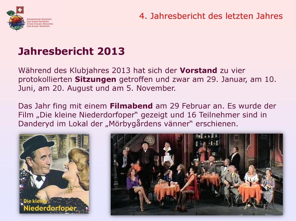 August und am 5. November. Das Jahr fing mit einem Filmabend am 29 Februar an.