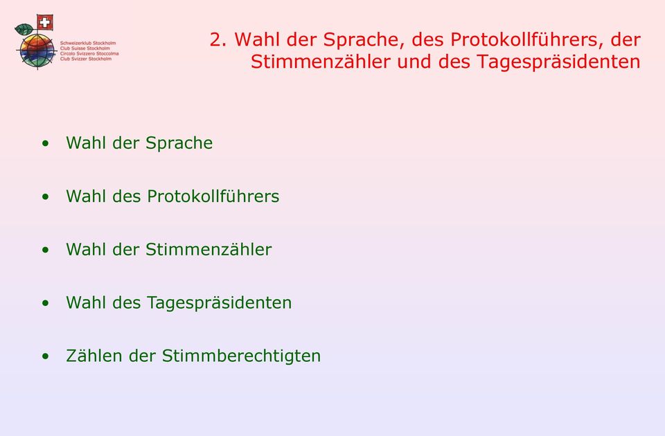 Sprache Wahl des Protokollführers Wahl der