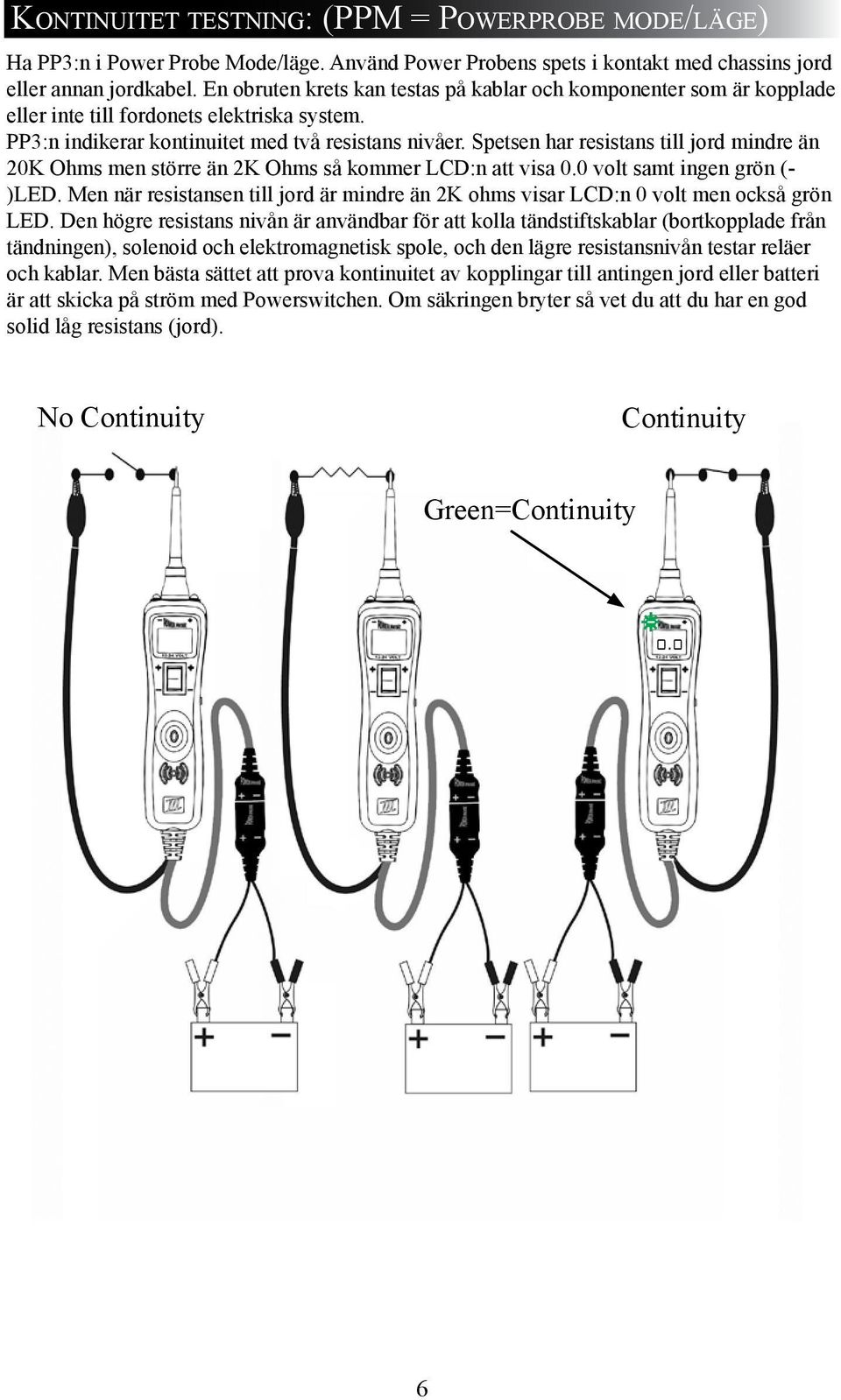 Spetsen har resistans till jord mindre än 20K Ohms men större än 2K Ohms så kommer LCD:n att visa 0.0 volt samt ingen grön (- )LED.