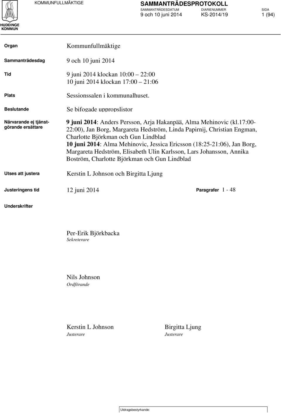 Se bifogade uppropslistor 9 juni 2014: Anders Persson, Arja Hakanpää, Alma Mehinovic (kl.