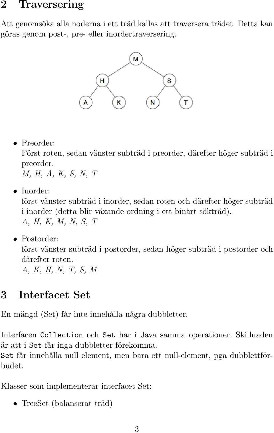 M, H, A, K, S, N, T Inorder: först vänster subträd i inorder, sedan roten och därefter höger subträd i inorder (detta blir växande ordning i ett binärt sökträd).