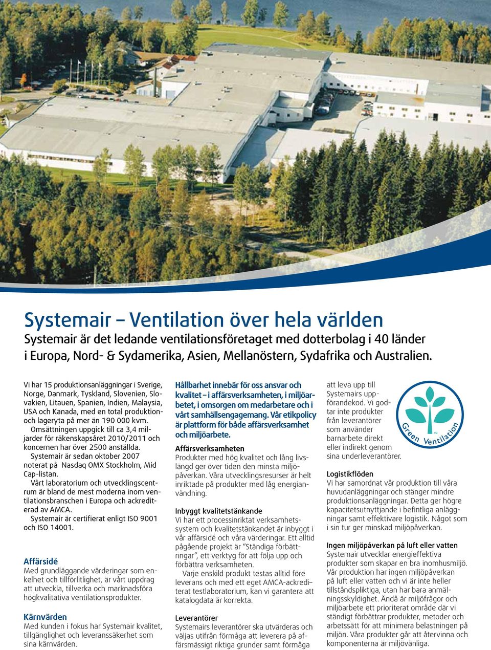 kvm. Omsättningen uppgick till ca 3,4 miljarder för räkenskapsåret 2010/2011 och koncernen har över 2500 anställda. Systemair är sedan oktober 2007 noterat på Nasdaq OMX Stockholm, Mid Cap-listan.