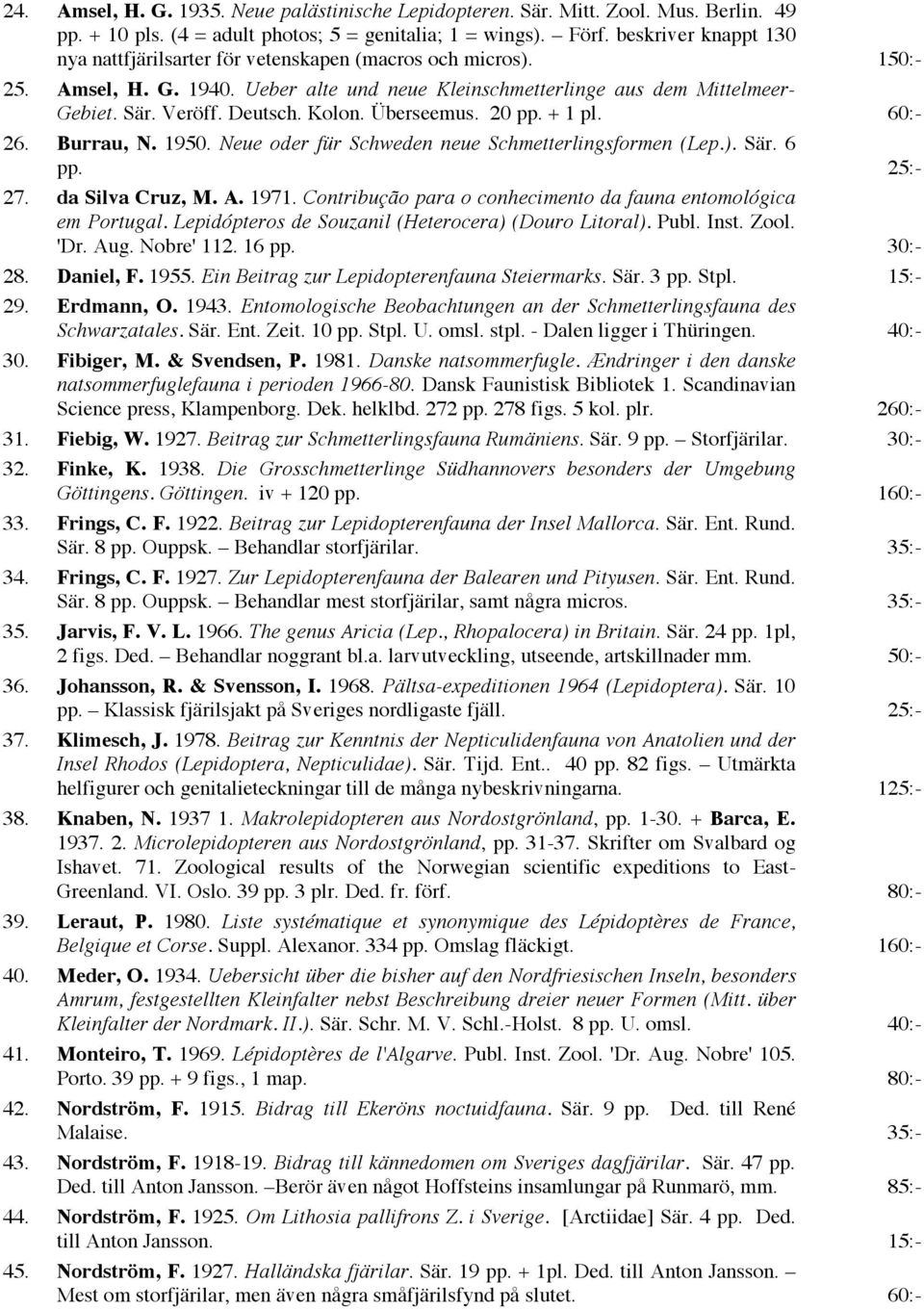 Kolon. Überseemus. 20 pp. + 1 pl. 60:- 26. Burrau, N. 1950. Neue oder für Schweden neue Schmetterlingsformen (Lep.). Sär. 6 pp. 25:- 27. da Silva Cruz, M. A. 1971.