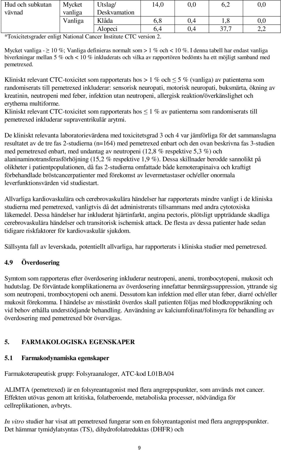 I denna tabell har endast vanliga biverkningar mellan 5 % och < 10 % inkluderats och vilka av rapportören bedömts ha ett möjligt samband med pemetrexed.