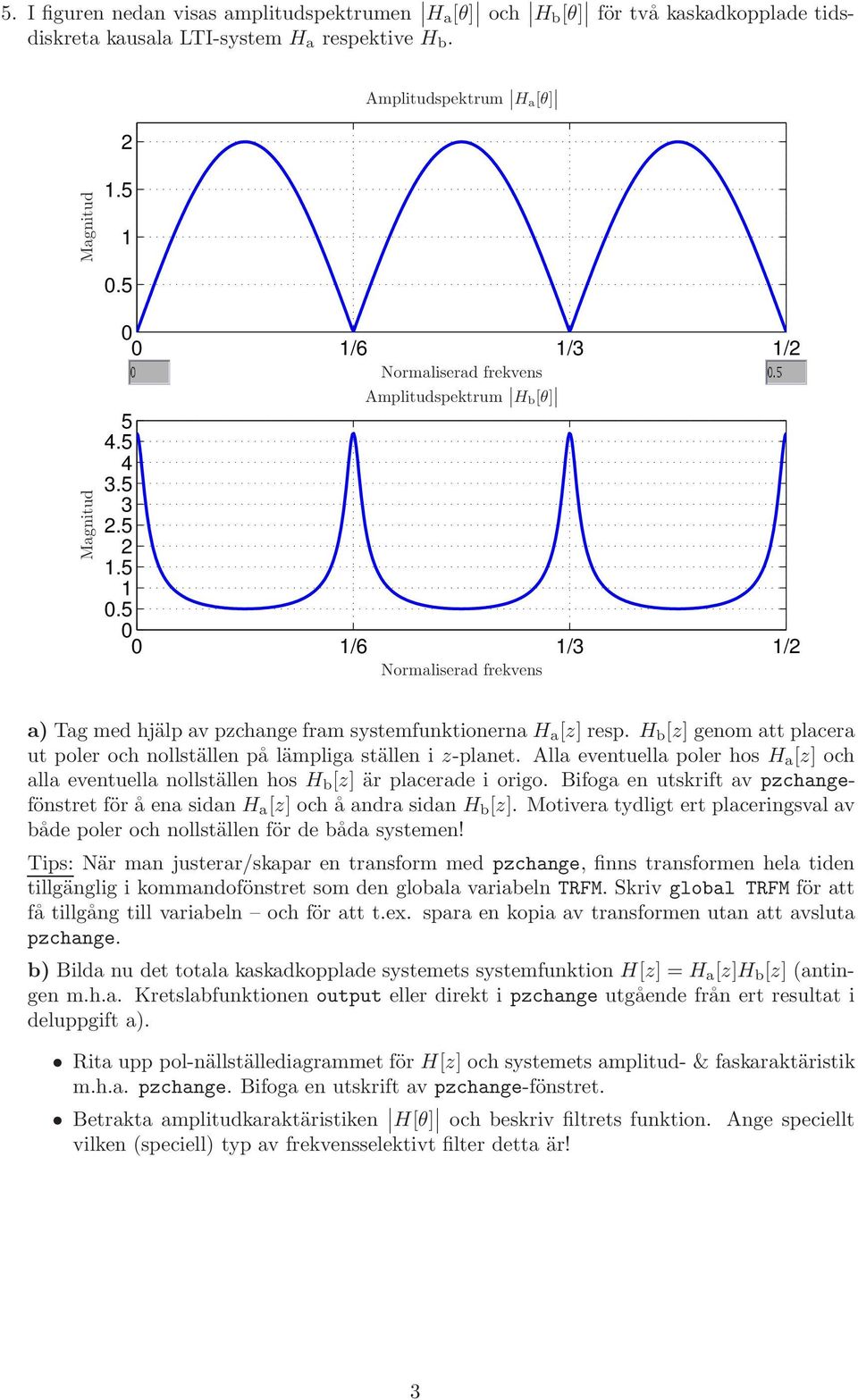 5 0 0 /6 /3 / Normaliserad frekvens a) Tag med hjälp av pzchange fram systemfunktionerna H a [z] resp. H b [z] genom att placera ut poler och nollställen på lämpliga ställen i z-planet.