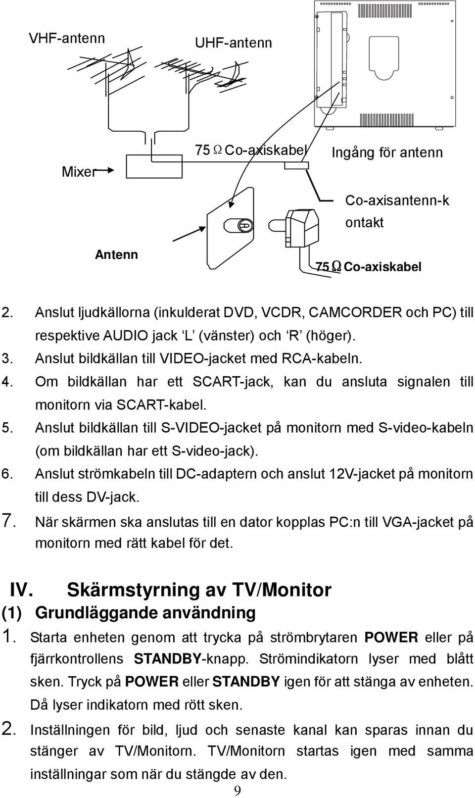 Om bildkällan har ett SCART-jack, kan du ansluta signalen till monitorn via SCART-kabel. 5. Anslut bildkällan till S-VIDEO-jacket på monitorn med S-video-kabeln (om bildkällan har ett S-video-jack).