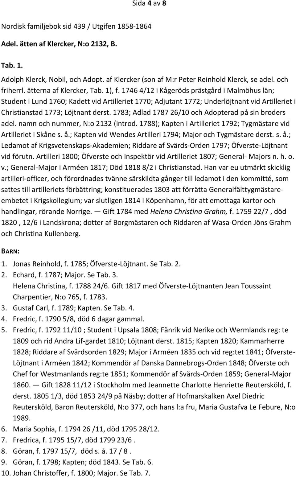 1746 4/12 i Kågeröds prästgård i Malmöhus län; Student i Lund 1760; Kadett vid Artilleriet 1770; Adjutant 1772; Underlöjtnant vid Artilleriet i Christianstad 1773; Löjtnant derst.