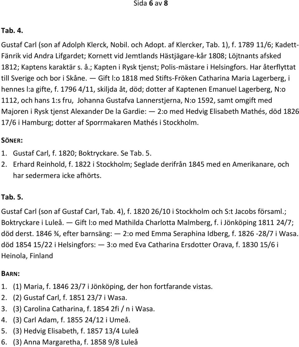 Har återflyttat till Sverige och bor i Skåne. Gift l:o 1818 med Stifts-Fröken Catharina Maria Lagerberg, i hennes l:a gifte, f.