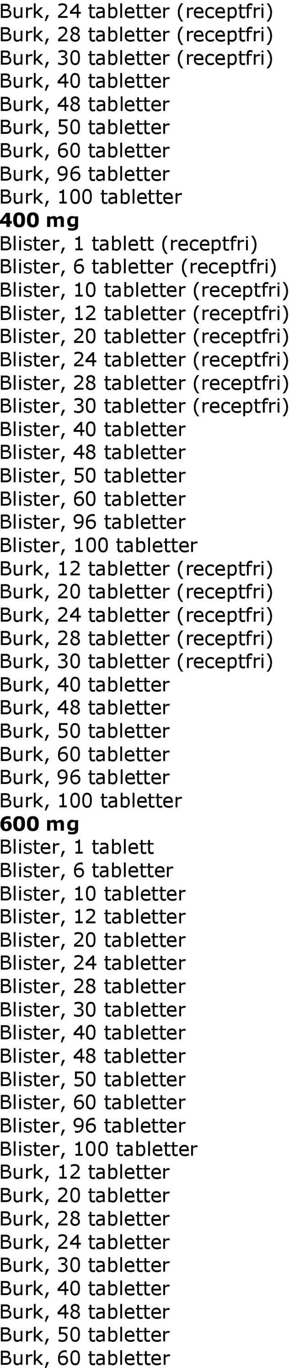 (receptfri) Blister, 40 tabletter Blister, 48 tabletter Blister, 96 tabletter Burk, 12 tabletter (receptfri) Burk, 20 tabletter (receptfri) Burk, 24 tabletter (receptfri) Burk, 28 tabletter