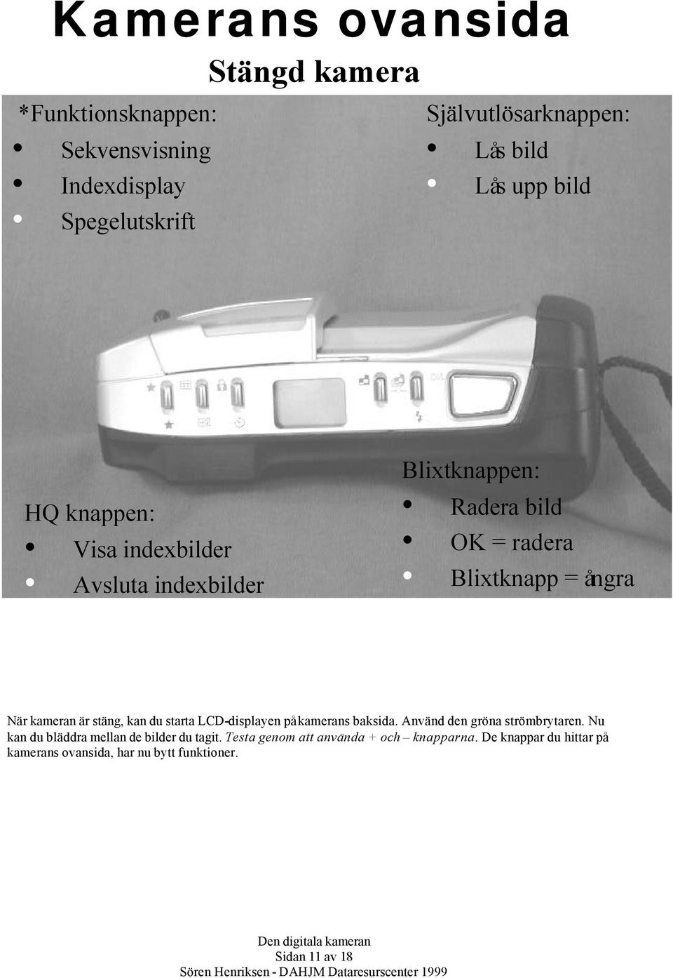 är stäng, kan du starta LCD-displayen på kamerans baksida. Använd den gröna strömbrytaren.