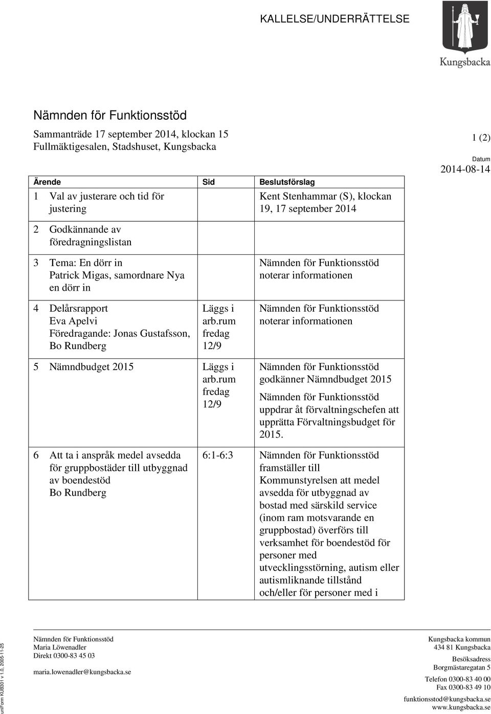 arb.rum fredag 12/9 5 Nämndbudget 2015 Läggs i arb.rum fredag 12/9 godkänner Nämndbudget 2015 uppdrar åt förvaltningschefen att upprätta Förvaltningsbudget för 2015.